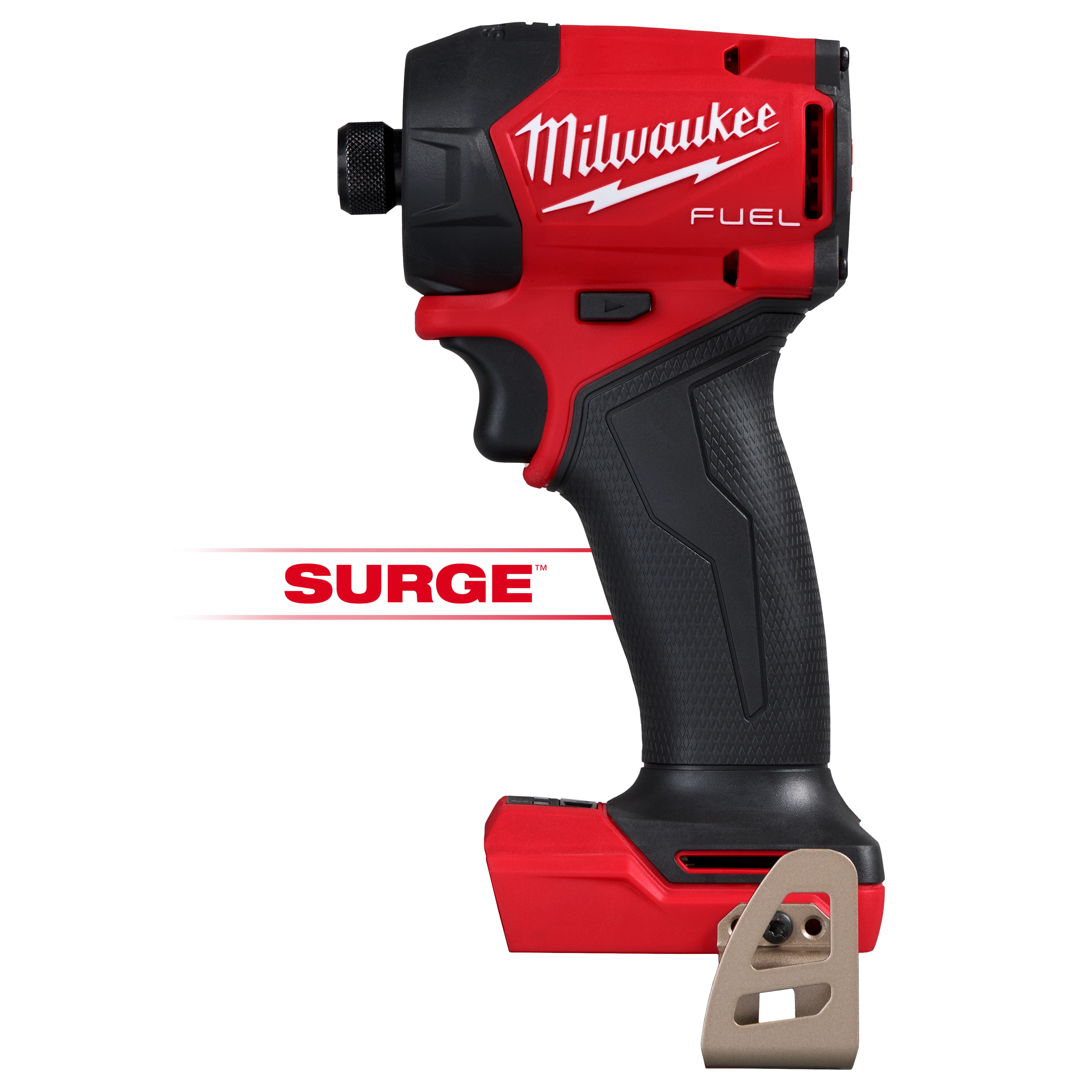 The M18 FUEL™ SURGE™ 1/4" Hex Hydraulic Driver is a red and black power tool by Milwaukee. The tool features the Milwaukee logo and has a contoured black grip, with a metallic clip on the base for attachment.