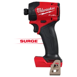 The M18 FUEL™ SURGE™ 1/4" Hex Hydraulic Driver is a red and black power tool by Milwaukee. The tool features the Milwaukee logo and has a contoured black grip, with a metallic clip on the base for attachment.
