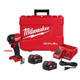 The image displays the Milwaukee M18 FUEL 1/4" Hex Impact Driver set, including the impact driver, two rechargeable batteries, a charger, and a red carrying case emblazoned with the Milwaukee logo.