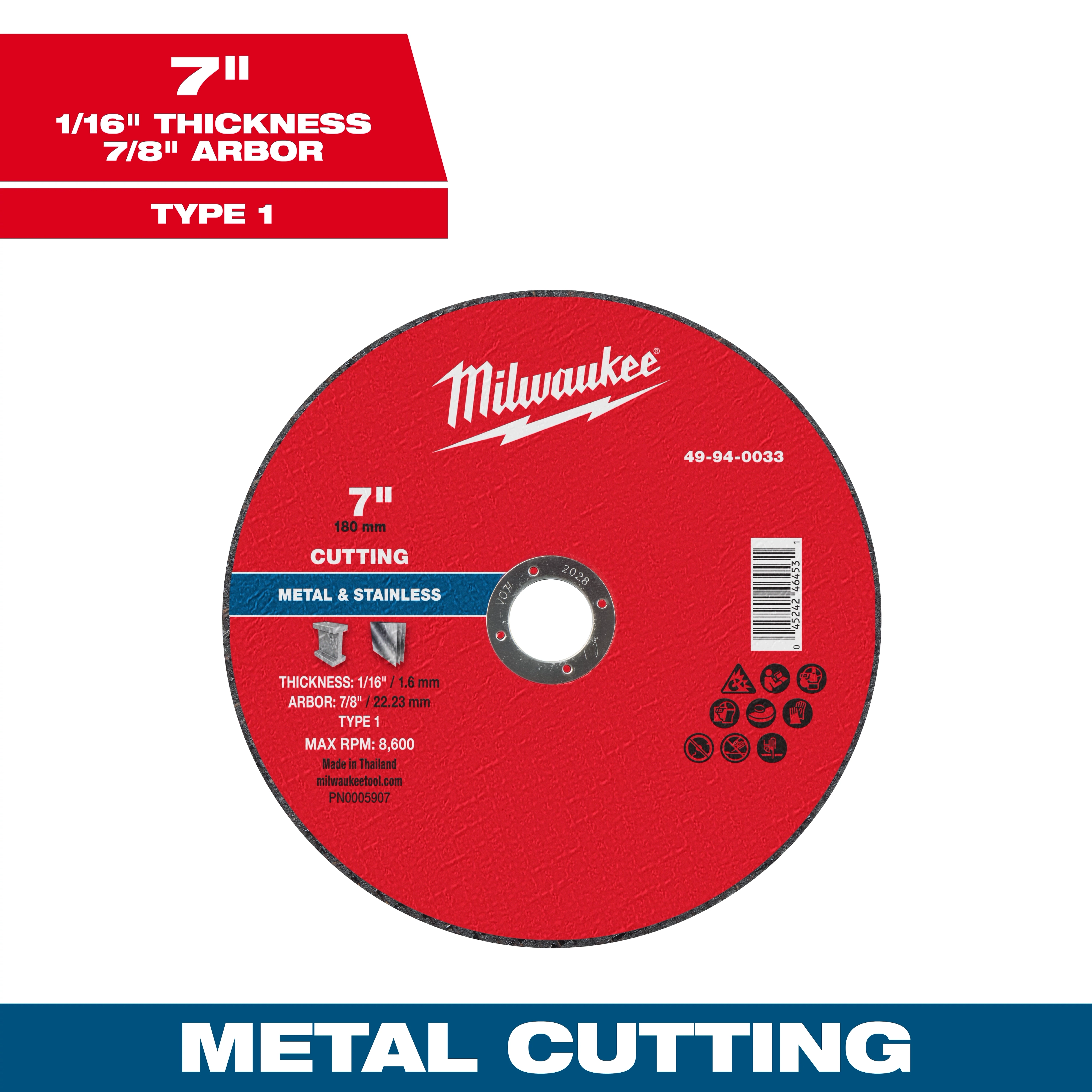 7" Metal Cut-Off Wheel Type 1, 1/16" thickness, 7/8" arbor, designed for cutting metal and stainless steel, with max RPM 8,600.