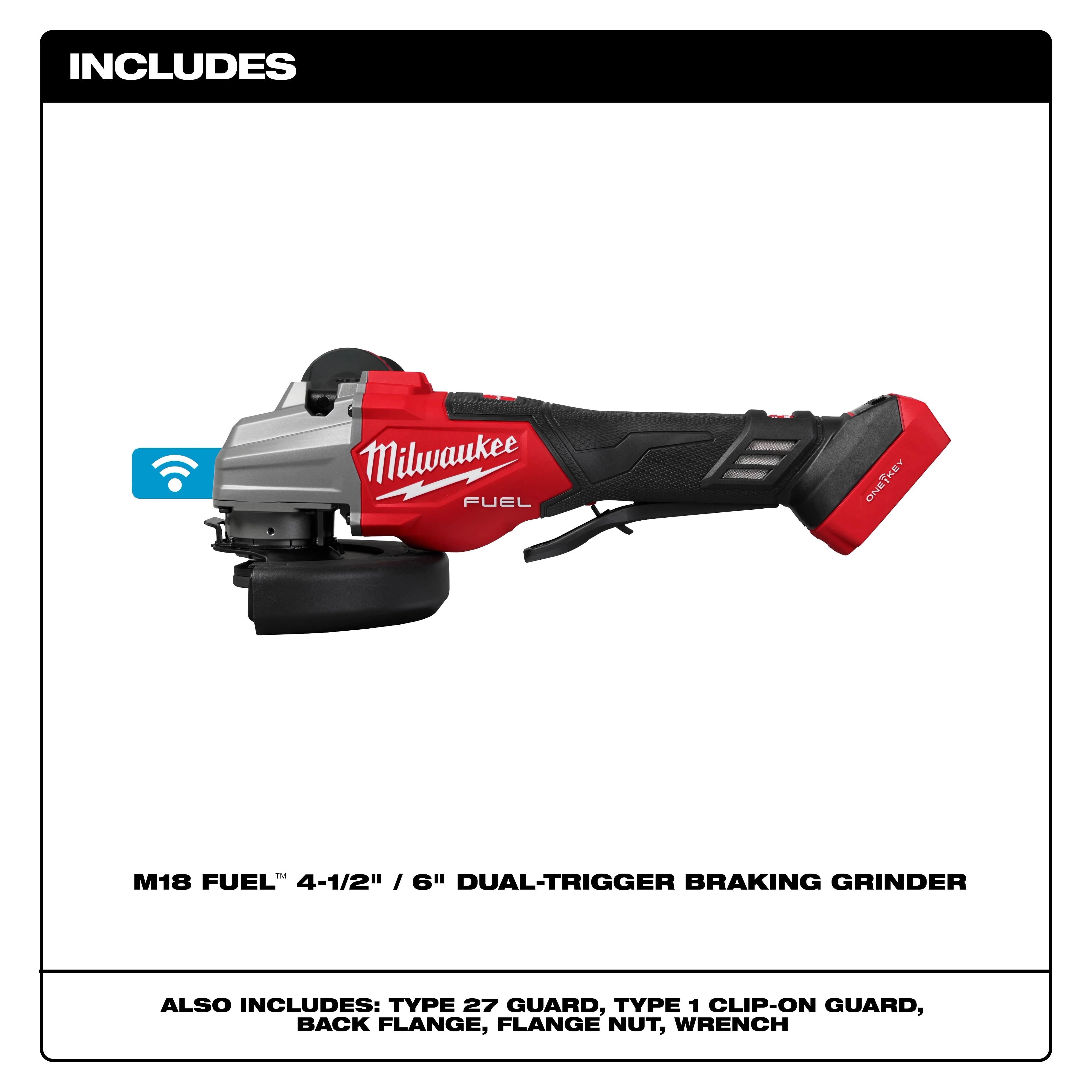The M18 FUEL™ 4-1/2" / 6" Dual Trigger Braking Grinder with Paddle Switch and ONE KEY™ technology features a red and black design, ergonomic grip, and integrated safety measures. The package includes types of guards, a back flange, flange nut, and wrench.