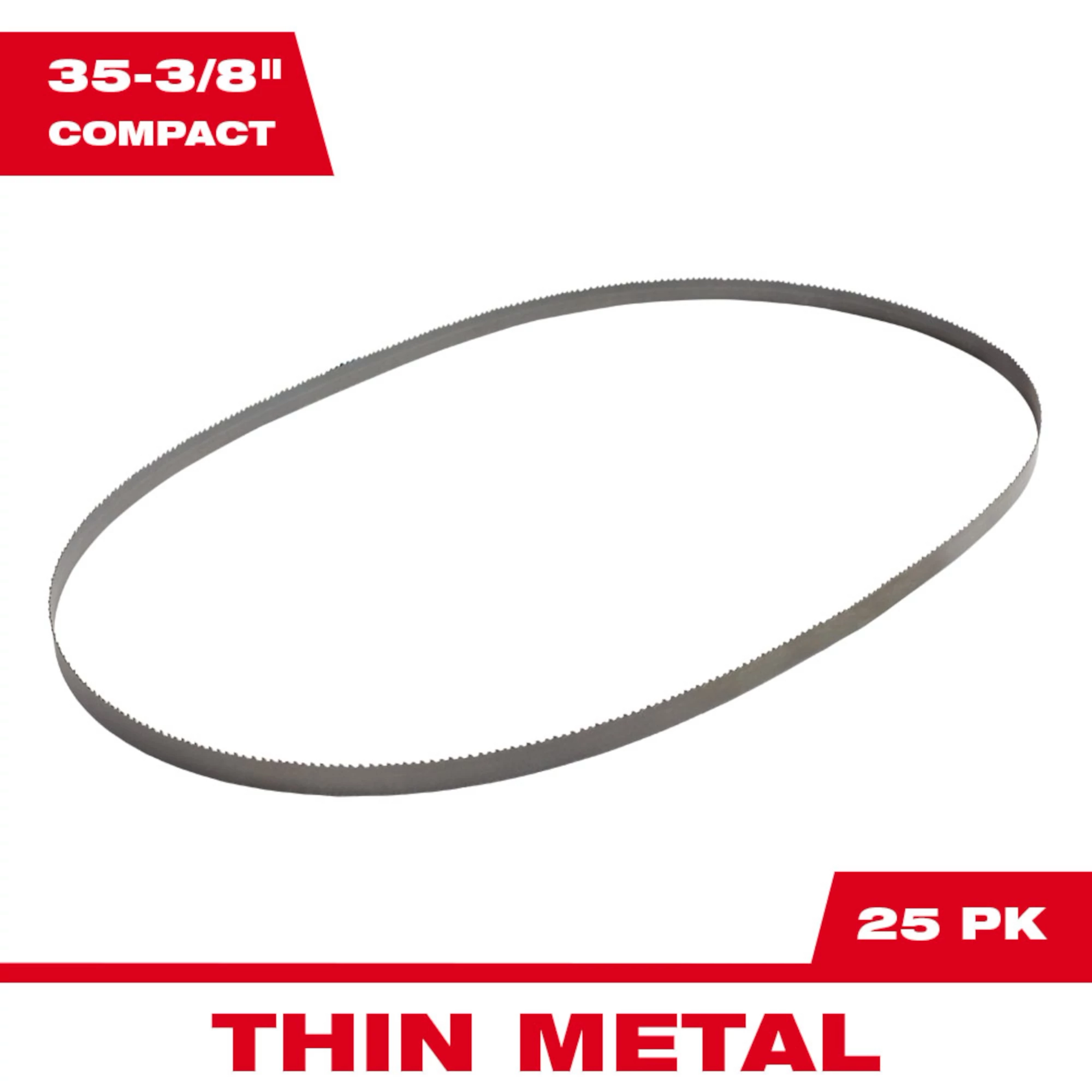 Band Saw Blade Main Image featuring a 35-3/8" compact saw blade for thin metal cutting, shown in an oval shape. Pack of 25.