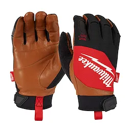 Leather%20Peformance%20Gloves featuring brown leather palms, black fabric backs, red accents, and branded with white text. The gloves offer a secure fit with adjustable Velcro straps and red pull tabs for easy removal, designed for durability and performance.