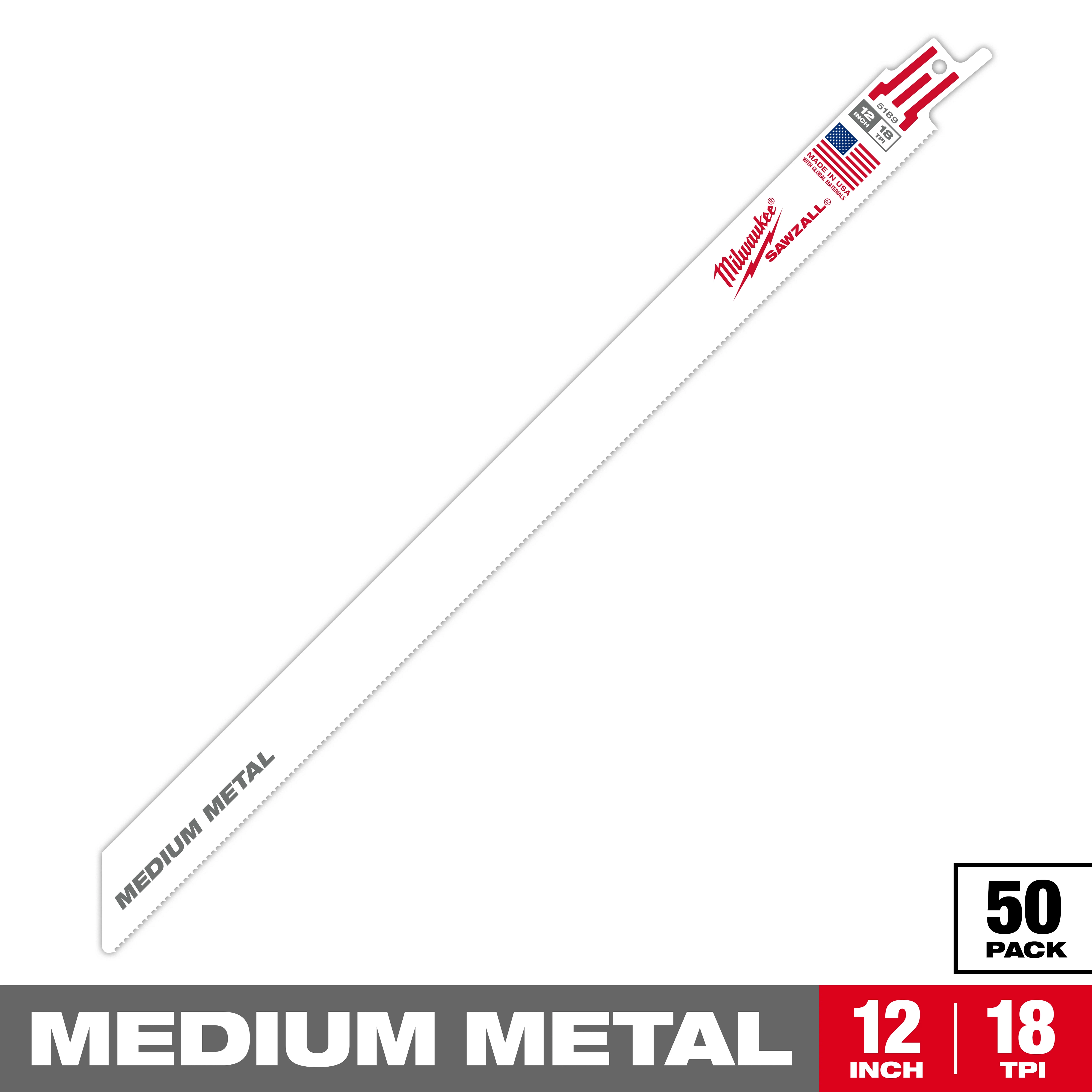 Milwaukee Sawzall blade for medium metal cutting, measuring 12 inches in length with 18 teeth per inch. Featured as a pack of 50 blades, the image highlights the product's design and American flag label.