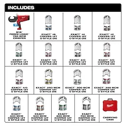 The M18™ FORCE LOGIC™ 750 MCM Crimper with #6 - 750 MCM Cu Dies Only Kit includes a crimper tool, various U-style copper dies ranging from #6 to 750 MCM, and a red carrying case. Each die is labeled by size for precise crimping on copper cables.