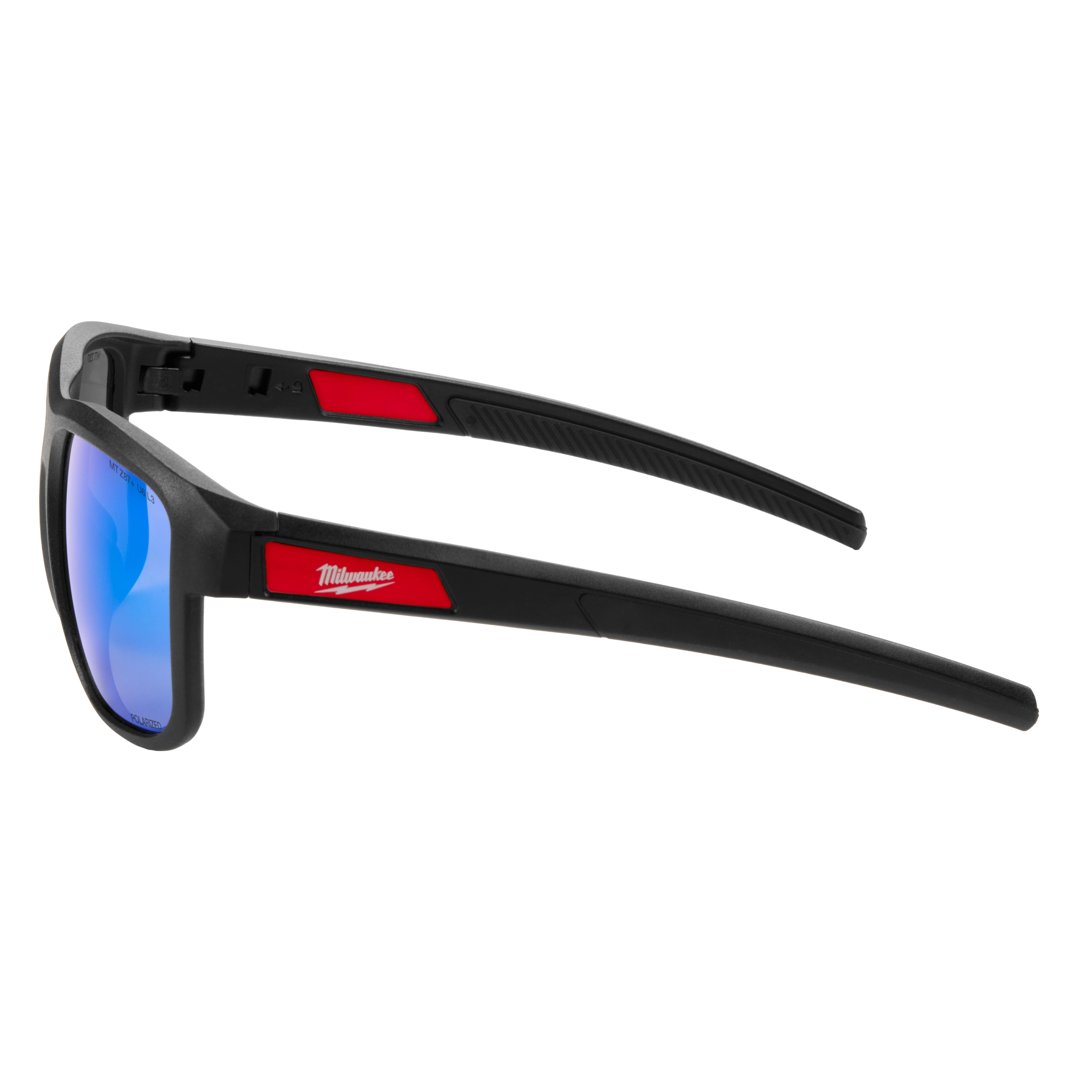 Polarized Full Frame Safety Glasses with Removable Side Shields, featuring blue mirrored dual coat lenses. The glasses have a sleek black frame with red accents on the arms. Ideal for protective wear with added visibility and comfort.