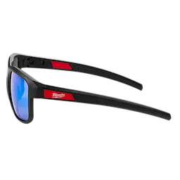 Polarized Full Frame Safety Glasses with Removable Side Shields, featuring blue mirrored dual coat lenses. The glasses have a sleek black frame with red accents on the arms. Ideal for protective wear with added visibility and comfort.