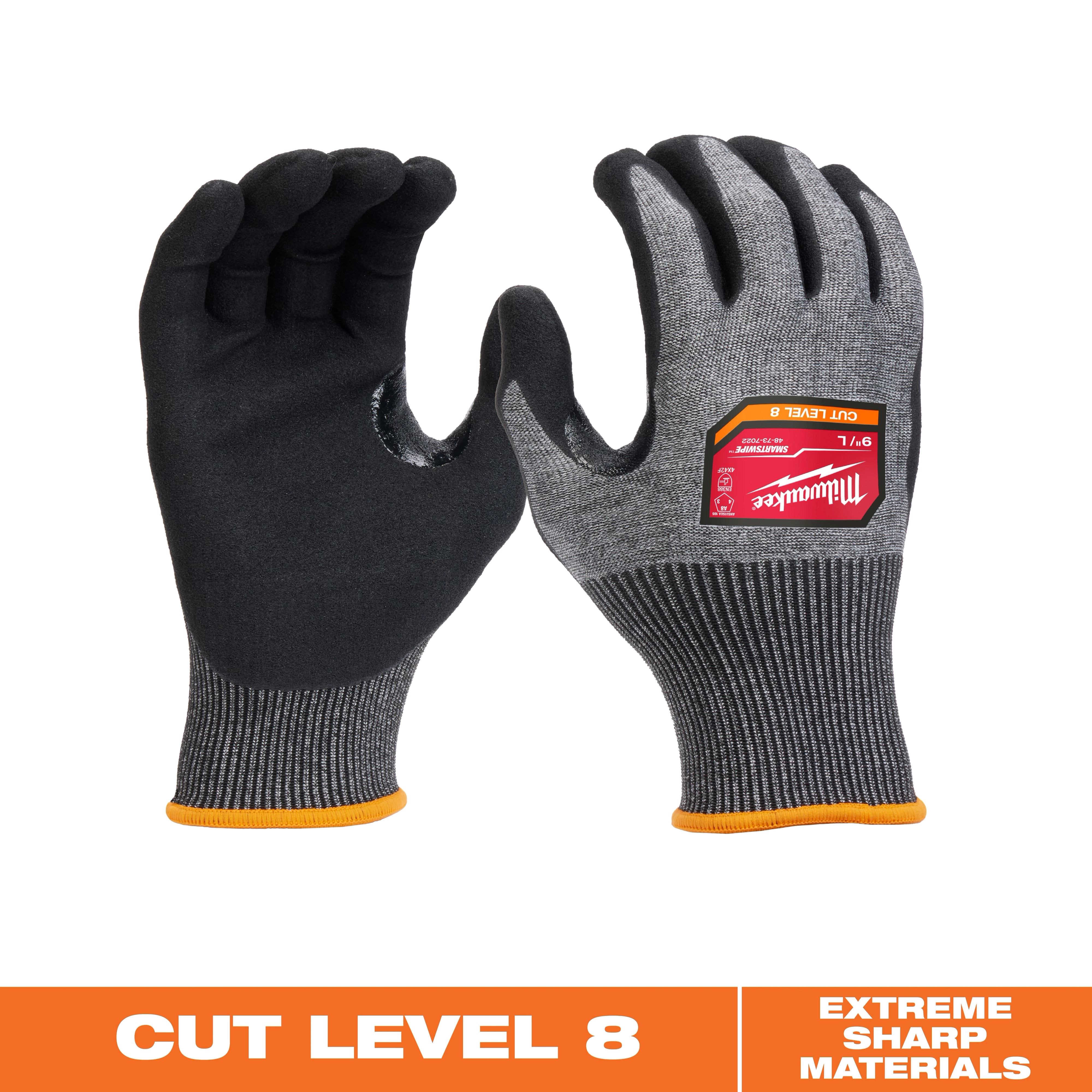 Cut Level 7 High-Dexterity Nitrile Dipped Gloves, shown with black palms, gray backs, and an A8 ANSI cut level rating badge.