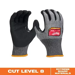 Cut Level 7 High-Dexterity Nitrile Dipped Gloves, shown with black palms, gray backs, and an A8 ANSI cut level rating badge.