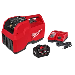 The image features the Milwaukee M18 Brushless Refrigerant Recovery Machine, a red, portable device. It comes with a rechargeable battery pack and a charger, both displayed next to the machine. The machine has multiple control knobs and hose connectors on the front panel.