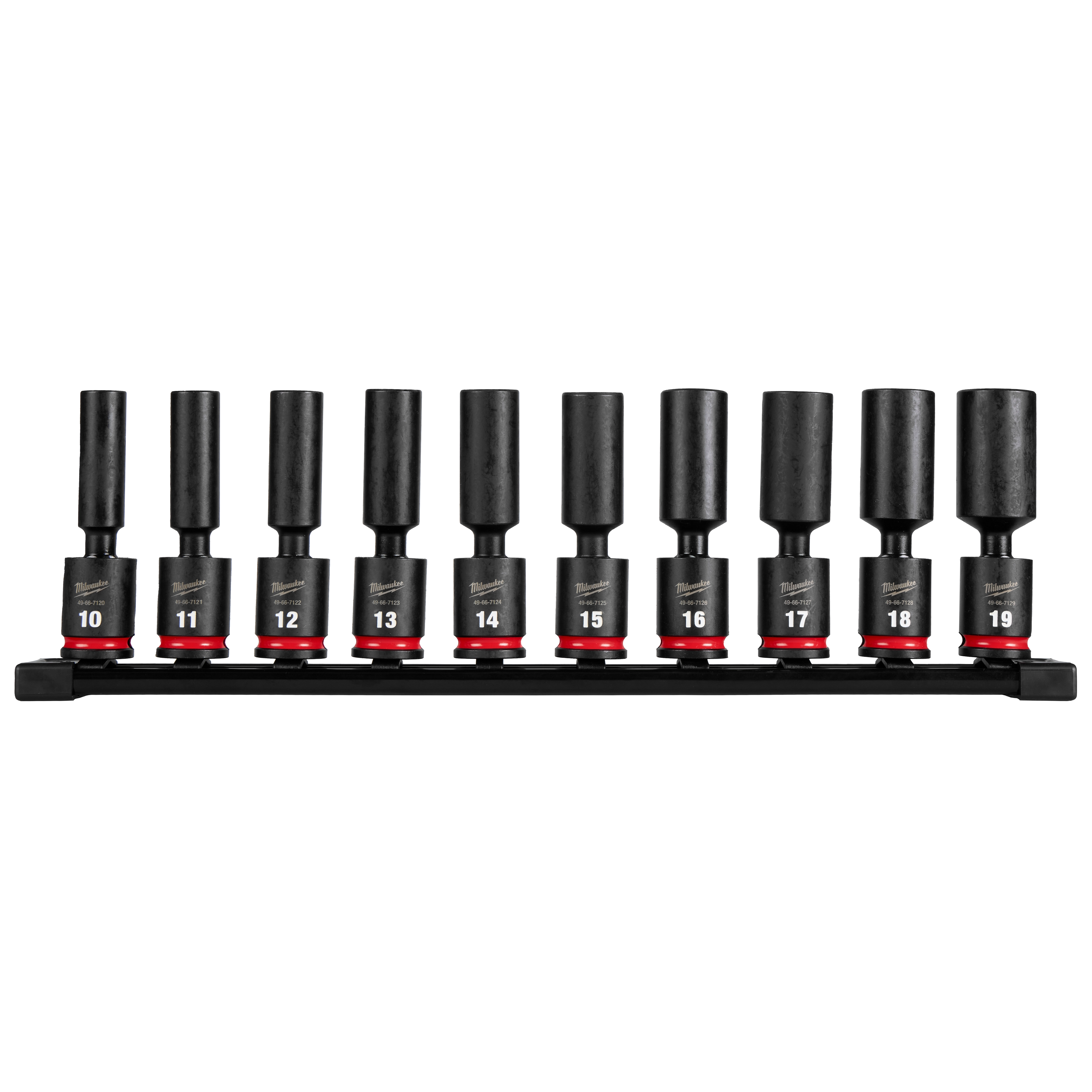 The 10PC SHOCKWAVE Impact Duty 3/8" Drive 6 Point Metric Deep Swivel Socket Set includes ten black sockets sized from 10 to 19. Each socket features prominent sizing labels and red accent rings at the base for easy identification.