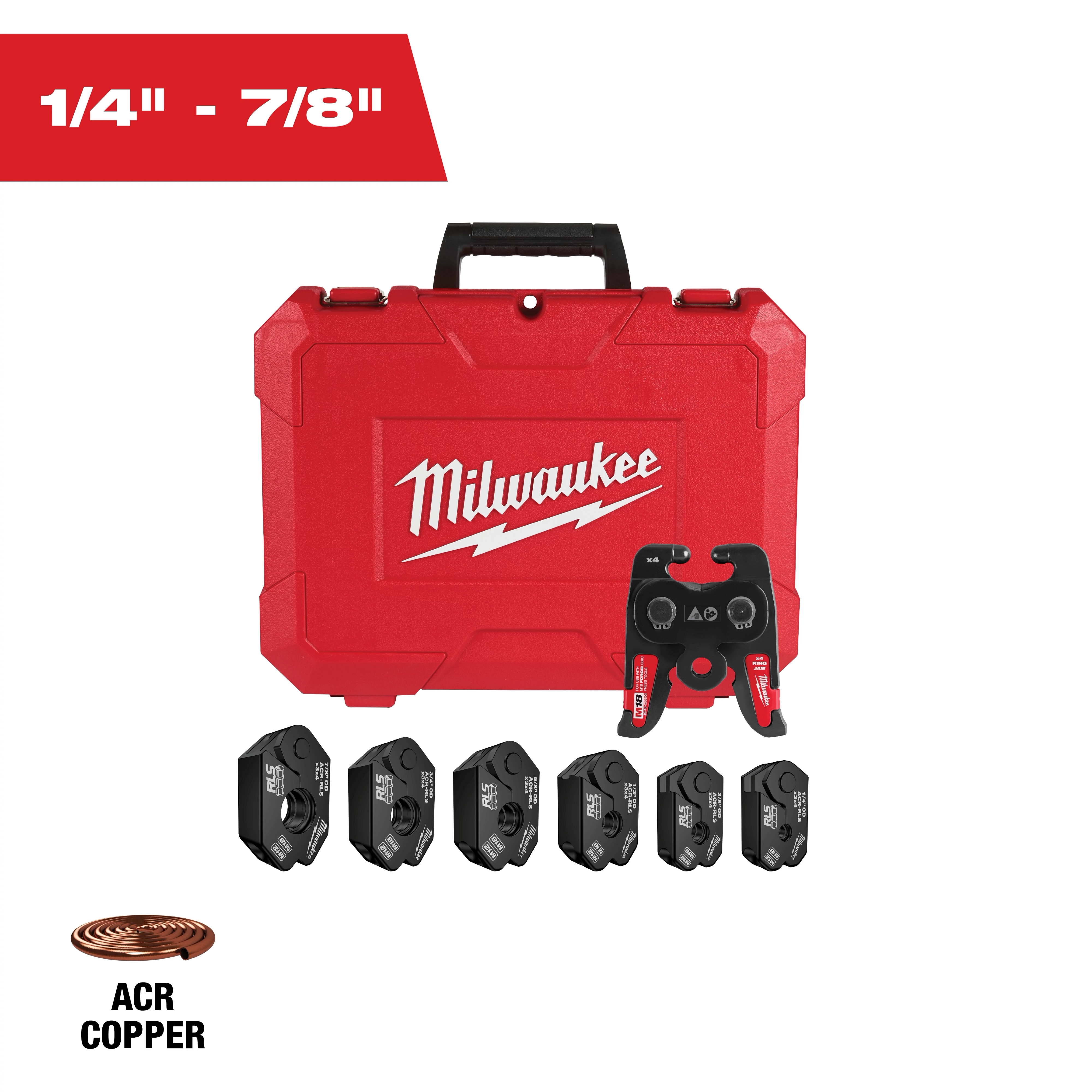 The 1/4" - 7/8" RLS® Pivoting Press Ring Kit for M18™ FORCE LOGIC™ Press Tool includes a red carrying case, press jaws, and a copper ring, used for joining copper tubing.