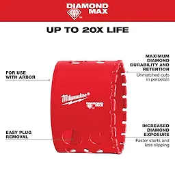 Milwaukee 2-9/16" Diamond Max Hole Saw in red, with features: maximum diamond durability, easy plug removal, and increased diamond exposure.
