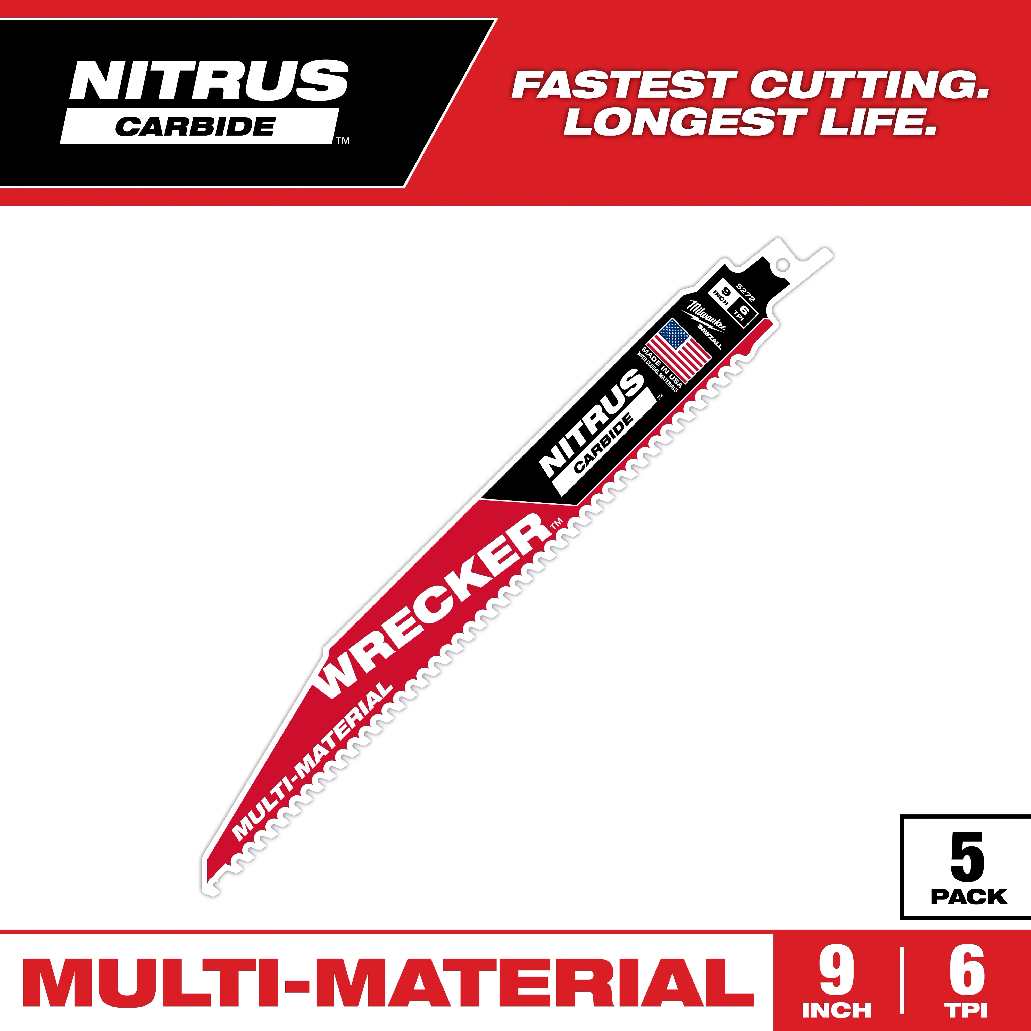 Nitrus Carbide Wrecker Blade features a 9-inch length and 6 teeth per inch, designed for multi-material cutting. The packaging advertises "fastest cutting" and "longest life," and includes a five-pack. The blade has a red and white design with an American flag indicating it is made in the USA.