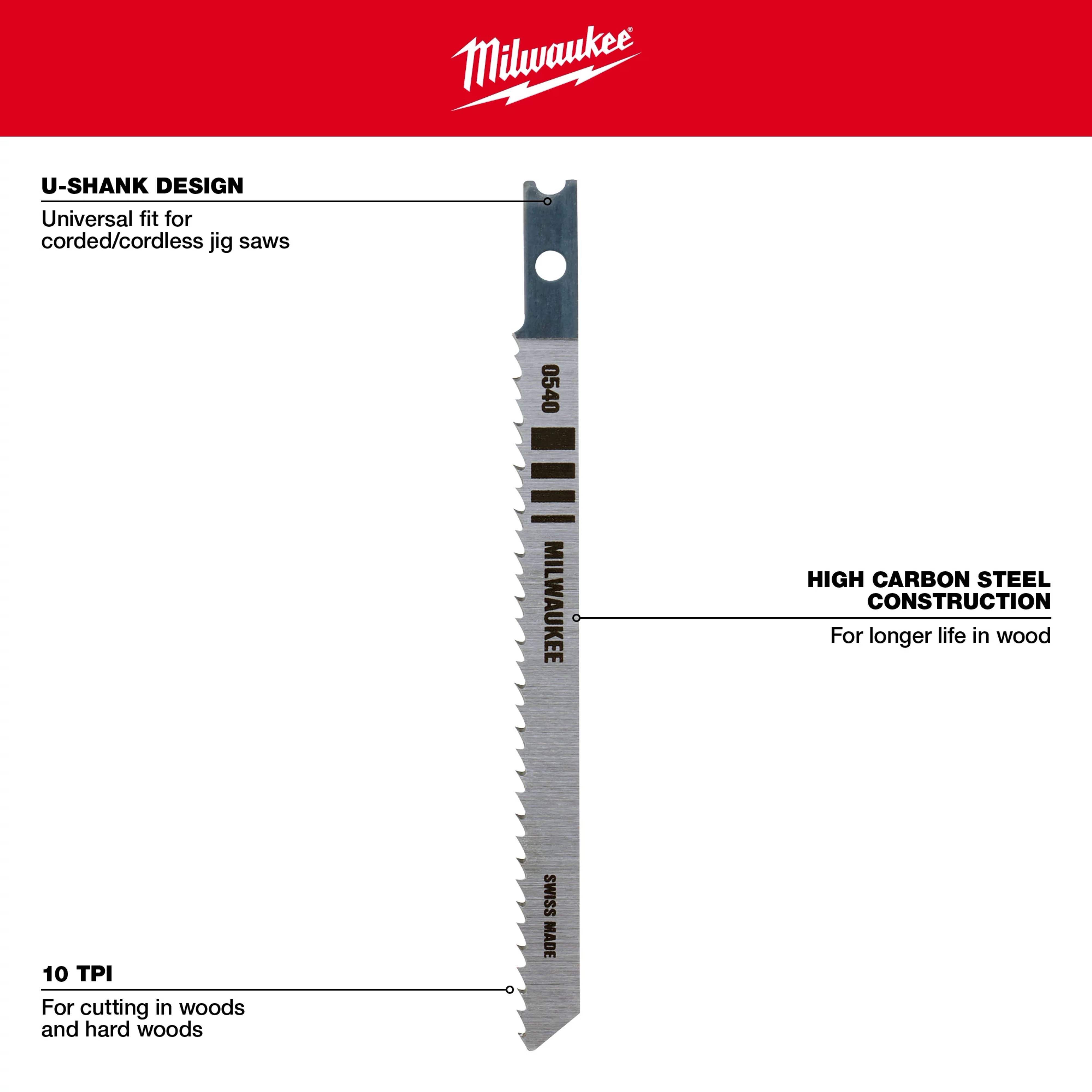 4" 10TPI T-Shank Wood High Carbon Steel Jig Saw Blade features U-shank design, 10 TPI for wood cutting, and high carbon steel construction.