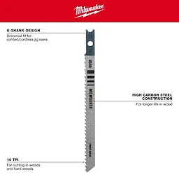 4" 10TPI T-Shank Wood High Carbon Steel Jig Saw Blade features U-shank design, 10 TPI for wood cutting, and high carbon steel construction.