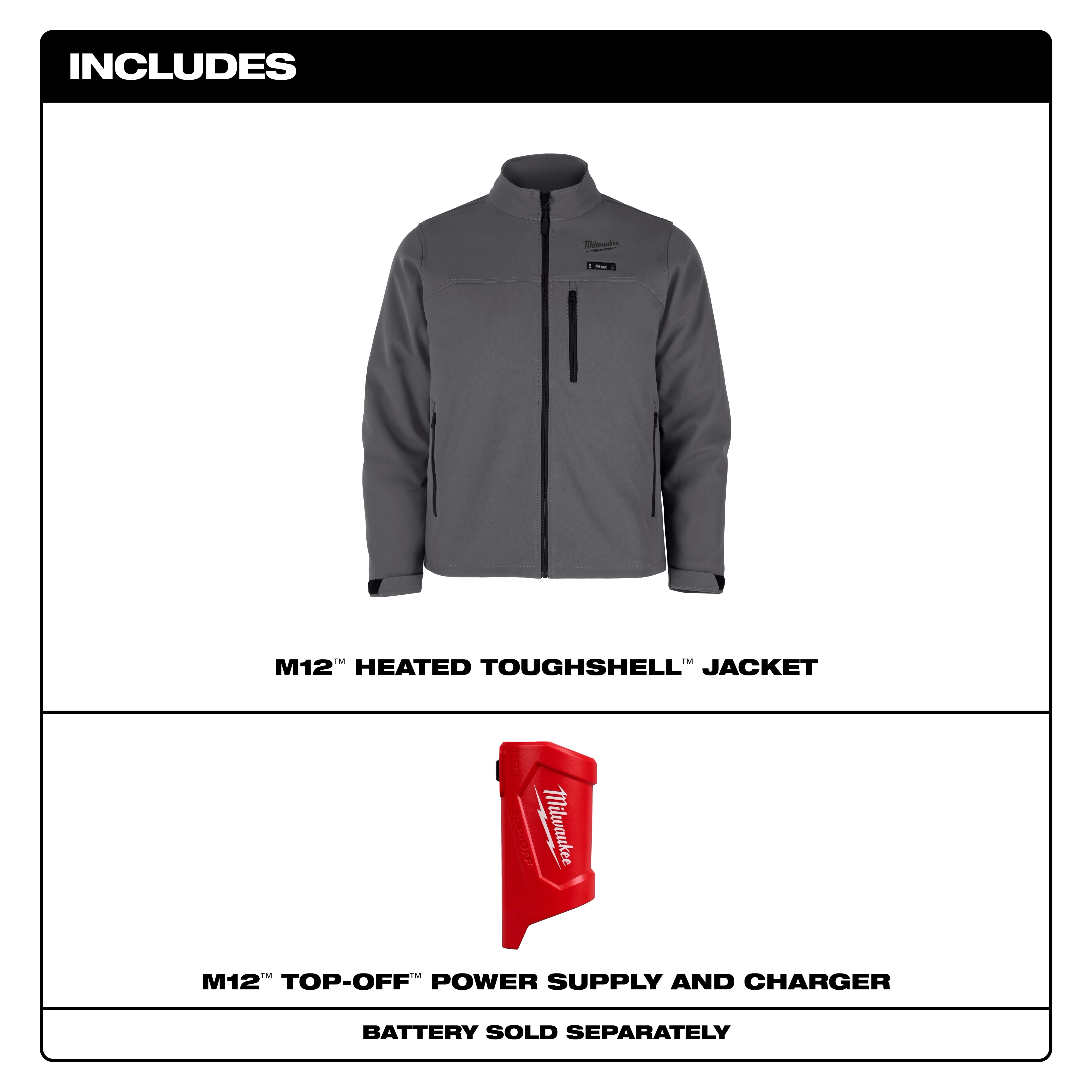 Gray M12 Heated TOUGHSHELL Jacket with a front zipper and black pocket accents, including an M12 Top-Off power supply and charger.