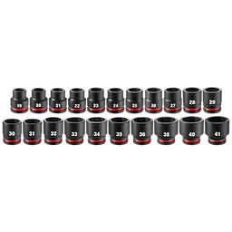 21PC SHOCKWAVE Impact Duty 3/4" Drive Metric Standard Socket Set with PACKOUT includes sockets sized from 19 to 41, in two rows.