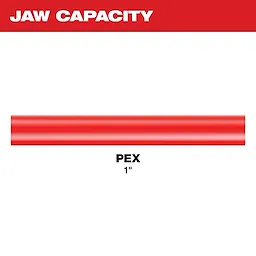 Jaw capacity image showing a red pipe labeled "PEX" with a 1-inch diameter. The background is white with a red header.