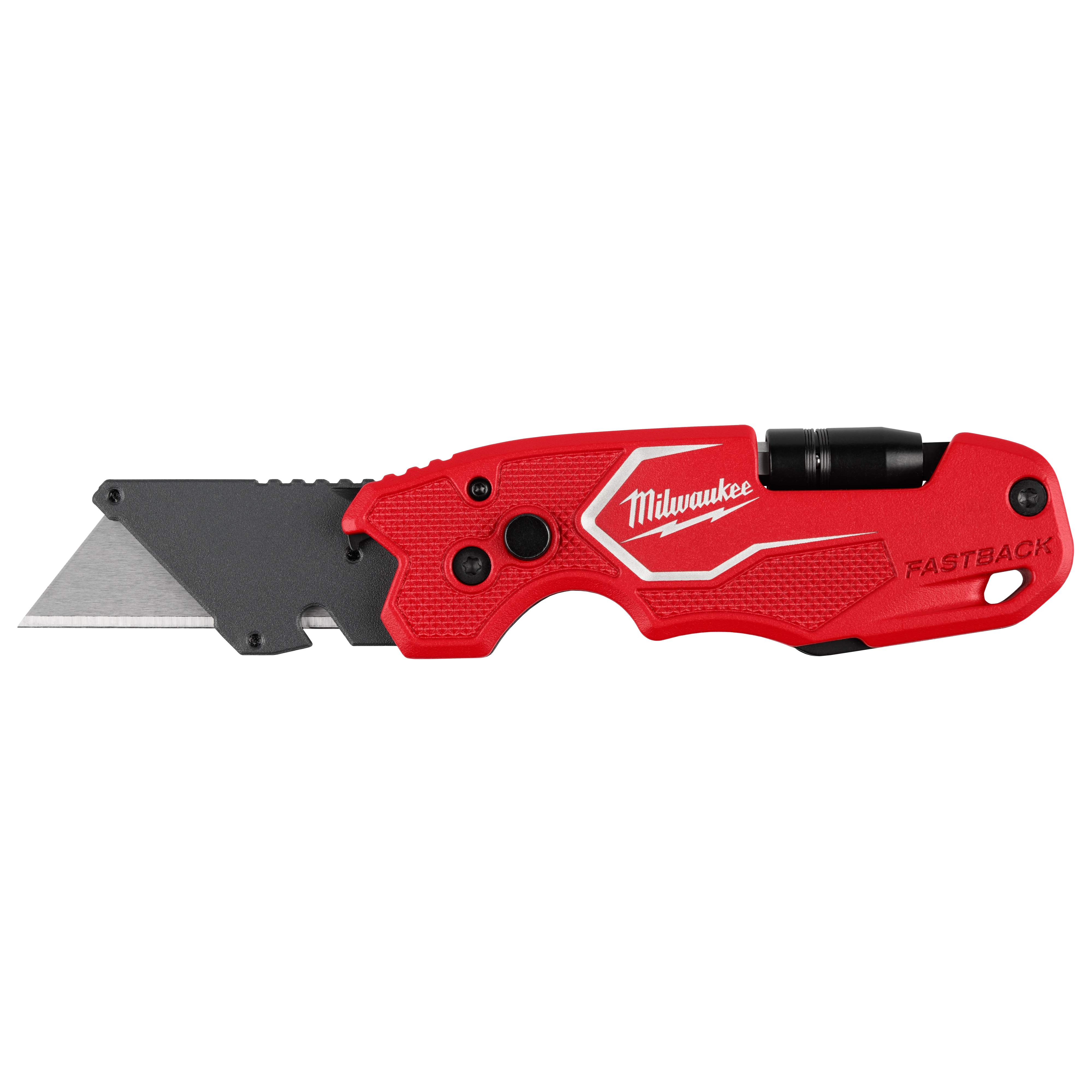 Red FASTBACK 6IN1 Folding Utility Knife with extended silver blade on a plain white background.