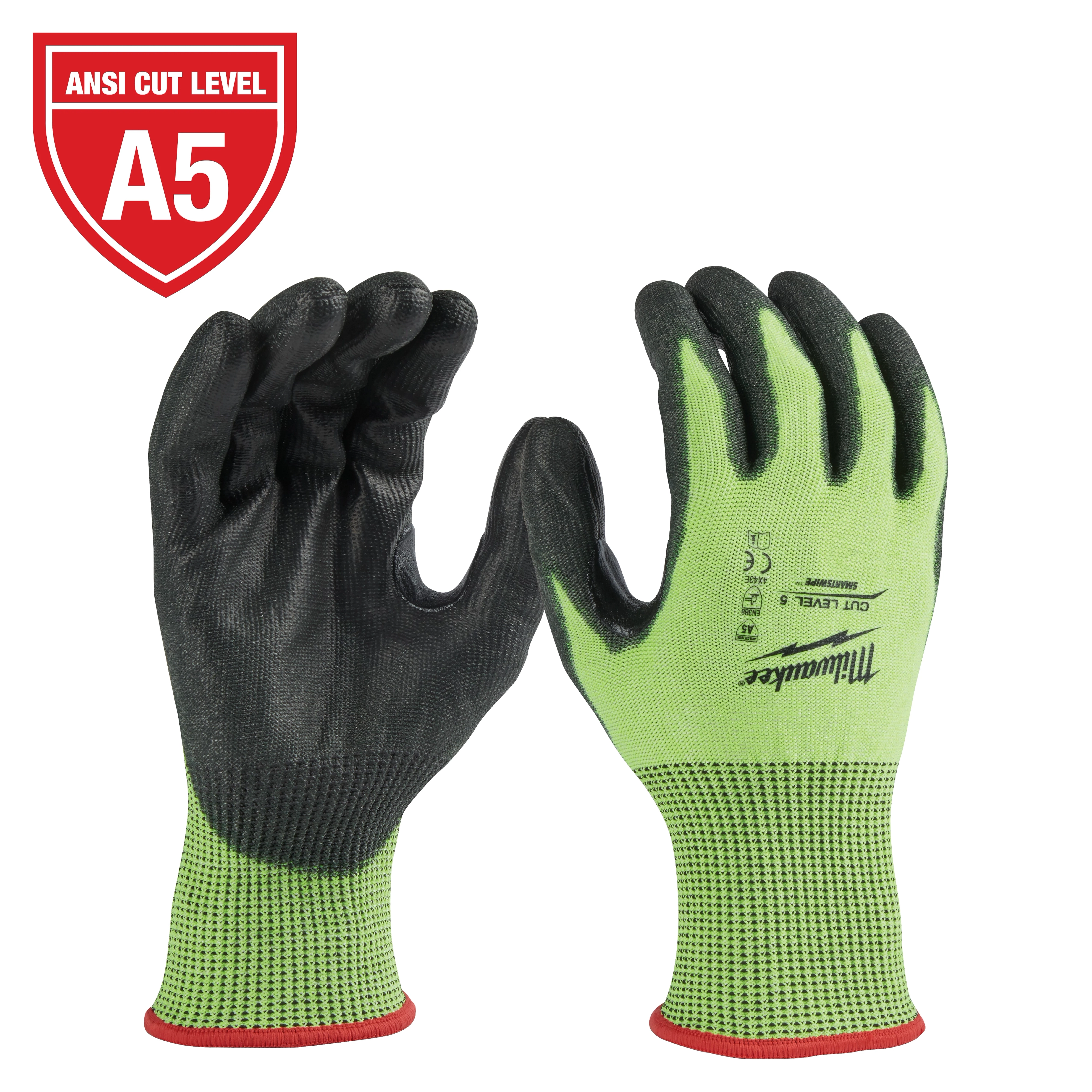 High Visibility Level 5 Cut Resistant Polyurethane Dipped Work Gloves with black palms and green backs, ANSI Cut Level A5.