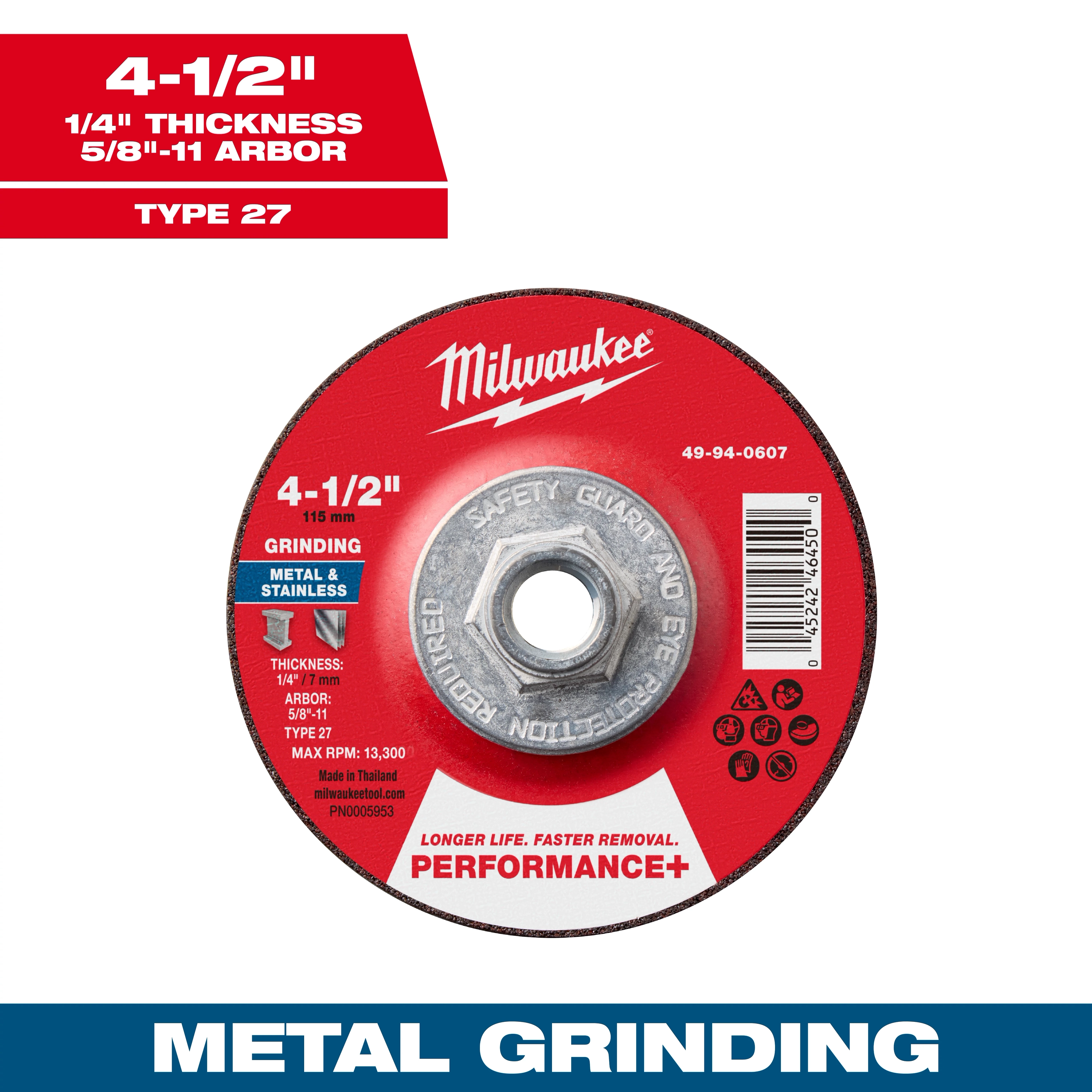 4-1/2" x 1/4" x 5/8"-11 Performance+ Metal Grinding Wheel, Type 27, designed for metal and stainless grinding, features red label.