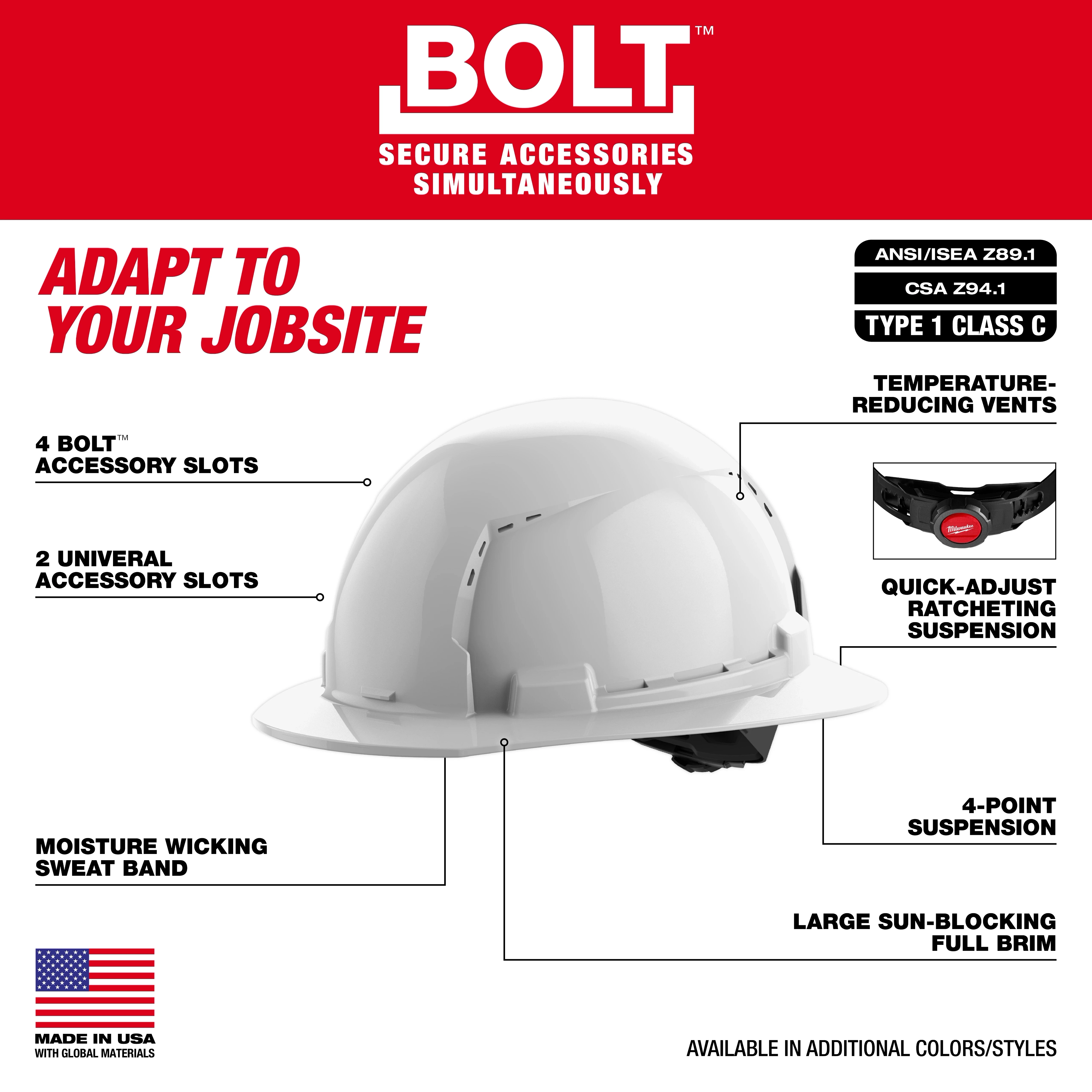 BOLT White Full Brim Vented Hard Hat w/4pt Ratcheting Suspension (USA) - Type 1, Class C includes accessory slots, temperature-reducing vents, quick-adjust suspension, a moisture-wicking sweatband, and a large sun-blocking full brim. Available in additional colors/styles.