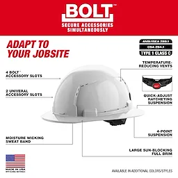 BOLT White Full Brim Vented Hard Hat w/4pt Ratcheting Suspension (USA) - Type 1, Class C includes accessory slots, temperature-reducing vents, quick-adjust suspension, a moisture-wicking sweatband, and a large sun-blocking full brim. Available in additional colors/styles.