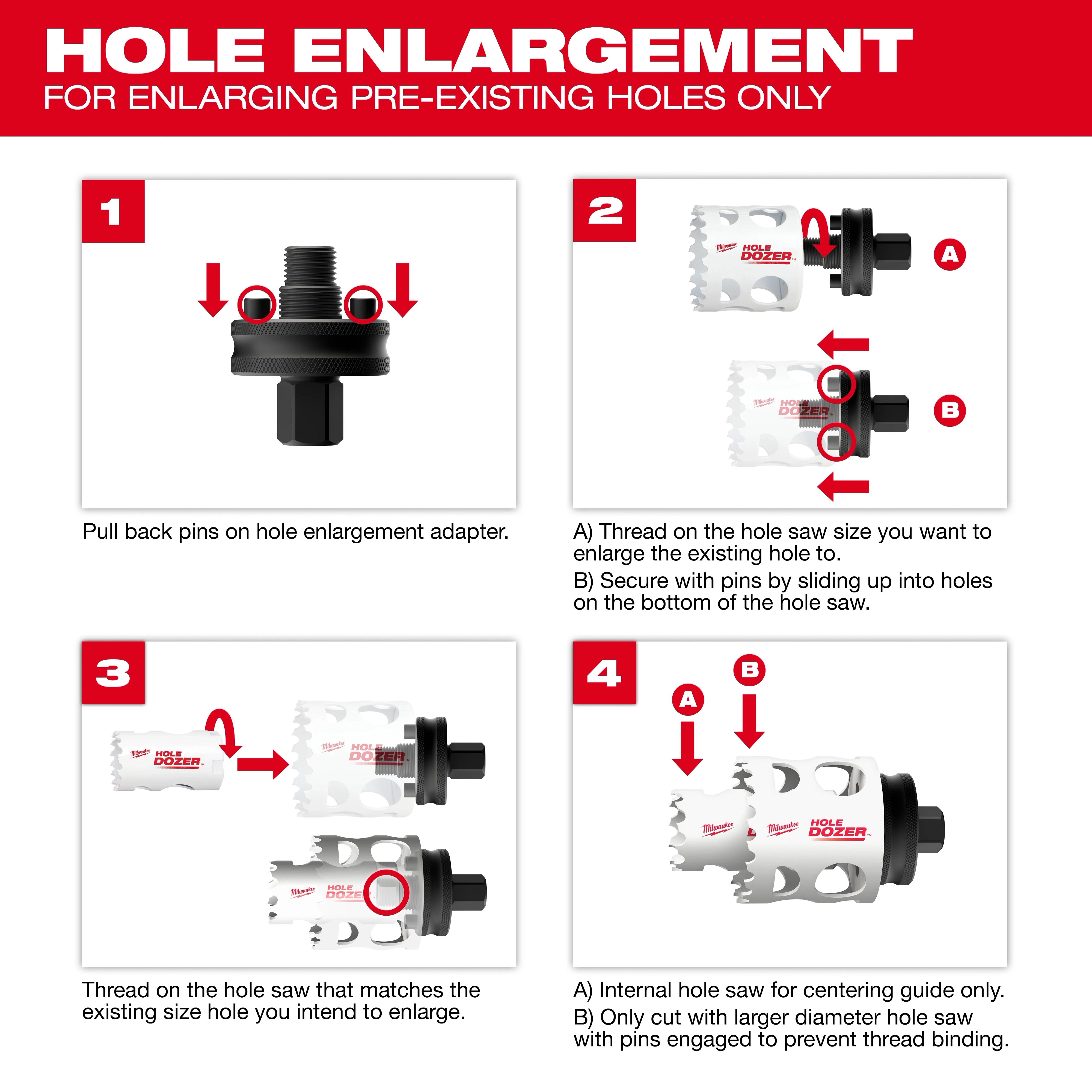 The image provides instructions for using the Hole Enlargement Thread Adapter for QUIK-LOK™ Arbors. It shows four steps to set up the adapter and thread it onto a hole saw, illustrating how to securely attach and operate the tool for enlarging pre-existing holes.