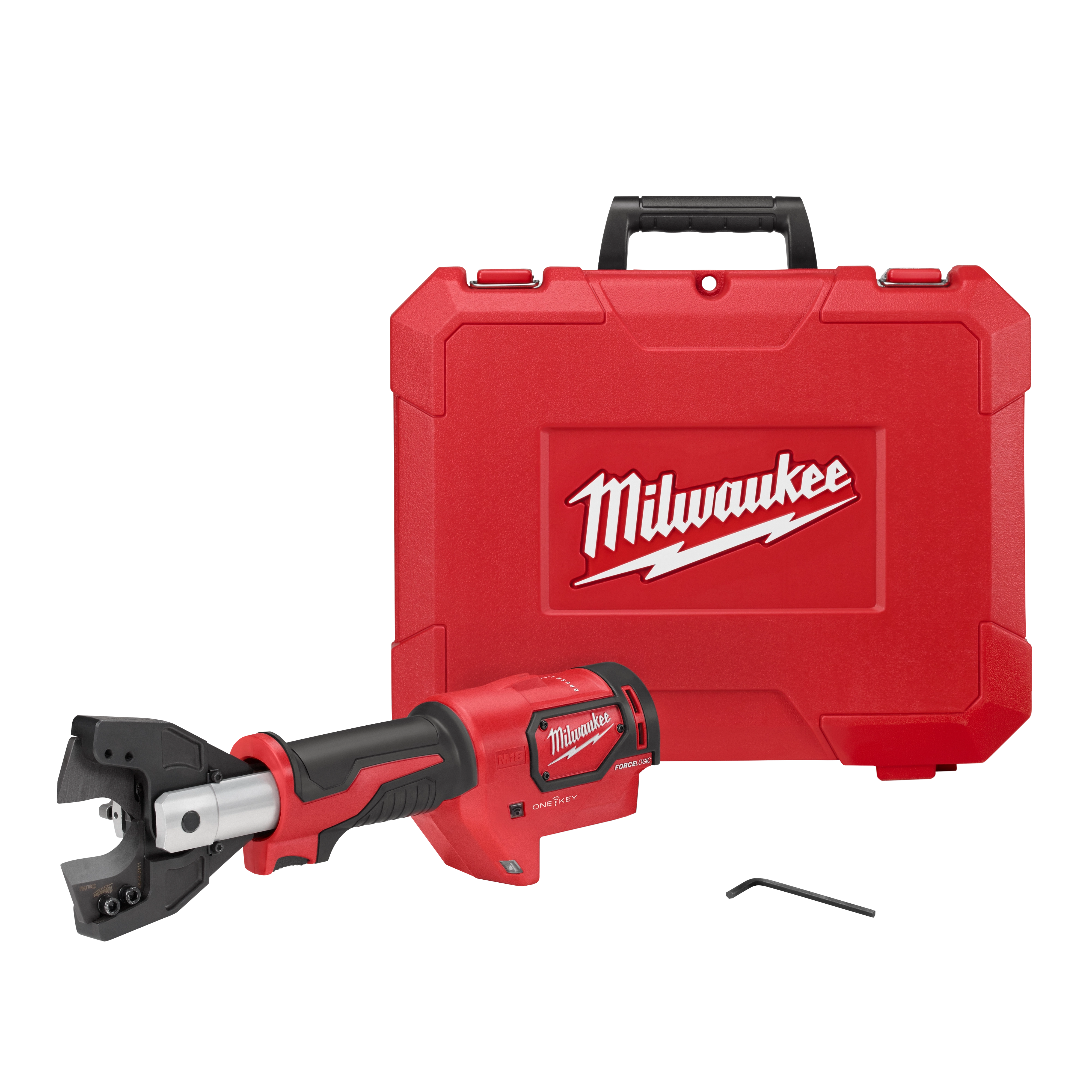 Milwaukee M18™ FORCE LOGIC™ Cable Cutter Kit includes a red and black cordless cable cutter and a matching red hard plastic carrying case. The tool has a grip handle, cutting head, and compact design suitable for electrical work. A small Allen key is placed in front of the case.