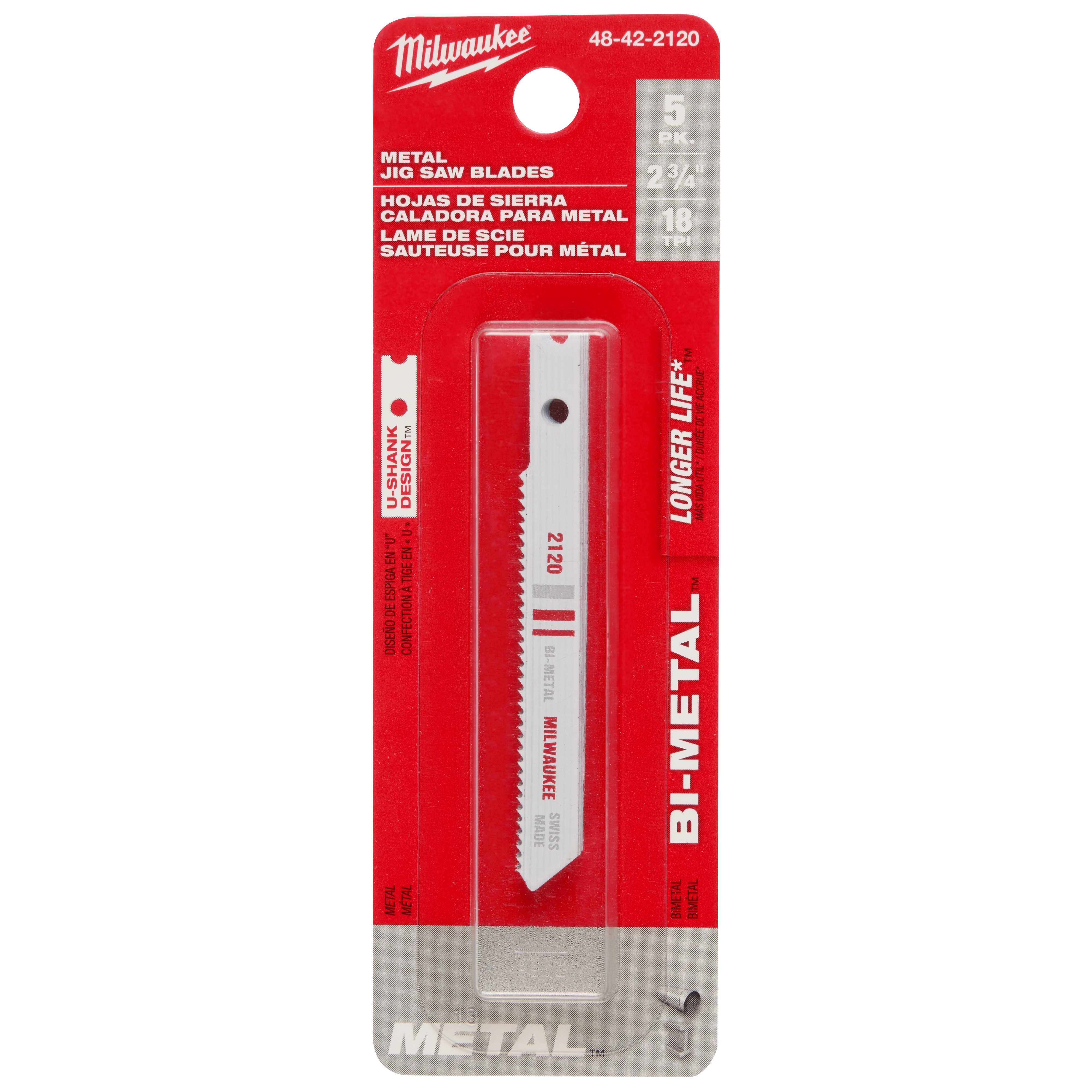 2-3/4" 18TPI U-Shank Metal Cutting Bi-Metal Jig Saw Blades 5PK in red and white packaging. U-shank design, optimized for metal cutting.