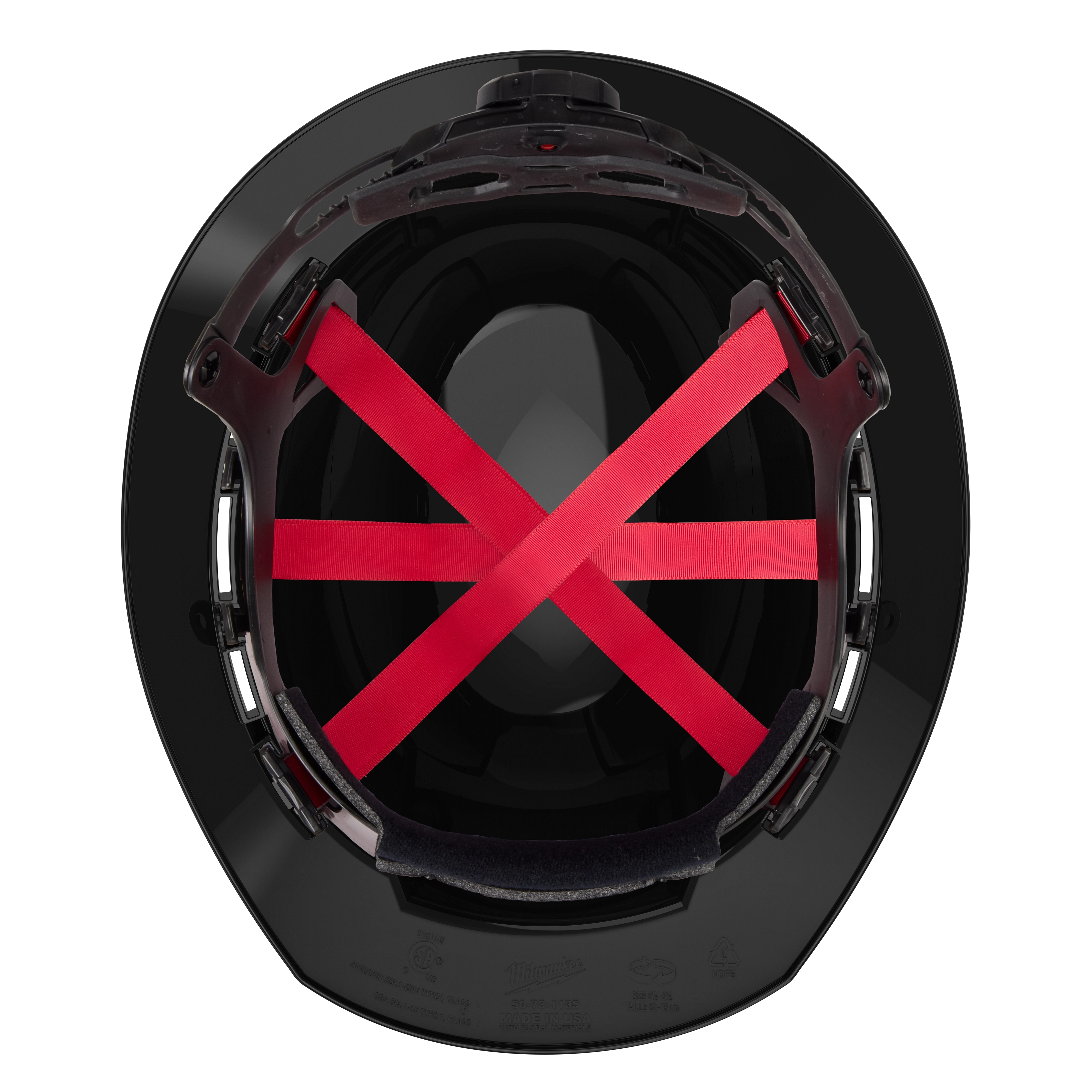 BOLT Black Full Brim Hard Hat with 6-point ratcheting suspension features durable construction, adjustable straps, and a Type 1, Class E safety rating. The interior contains straps for comfort and fit. Made in the USA, this hard hat is designed for protection in various industrial environments.