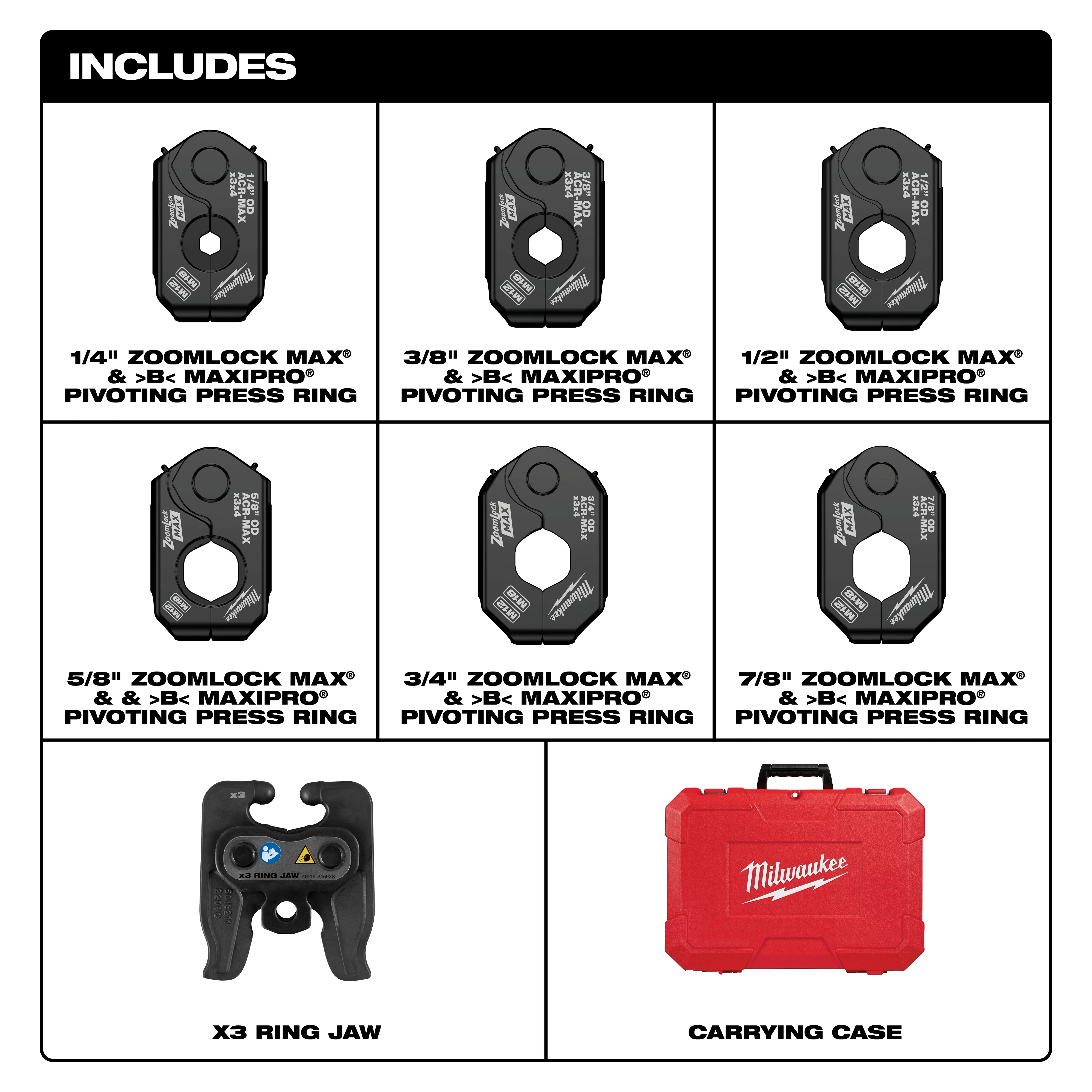 The ZoomLock MAX® & MaxiPro® Pivoting Press Ring Kit for M12™ FORCE LOGIC™ Press Tool includes seven press rings (1/4”, 3/8”, 1/2”, 5/8”, 3/4”, 7/8”), a ring jaw, and a red carrying case.