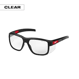 Full Frame Safety Glasses with Removable Side Shields feature clear, anti-scratch lenses in a black frame with red accents.