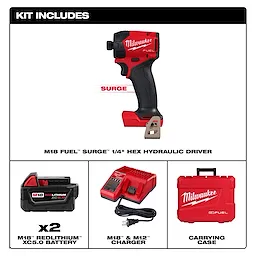 The M18 FUEL™ SURGE™ 1/4" Hex Hydraulic Driver kit includes the driver, two M18™ REDLITHIUM™ XC5.0 batteries, M18™ & M12™ charger, and a red carrying case. The driver has a black and red design with the Milwaukee logo.