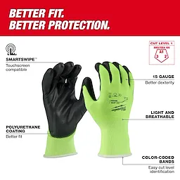 High Visibility Cut Level 1 Polyurethane Dipped Gloves displayed with text callouts on a white and red background.