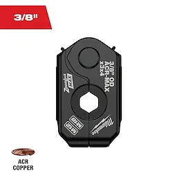 The image features the 3/8" ZoomLock MAX® & >B< MaxiPro® Pivoting Press Ring. The black ring, suitable for 3/8-inch ACR copper pipes, includes labeling details and a prominent logo. A copper pipe icon appears at the bottom with the text "ACR COPPER."