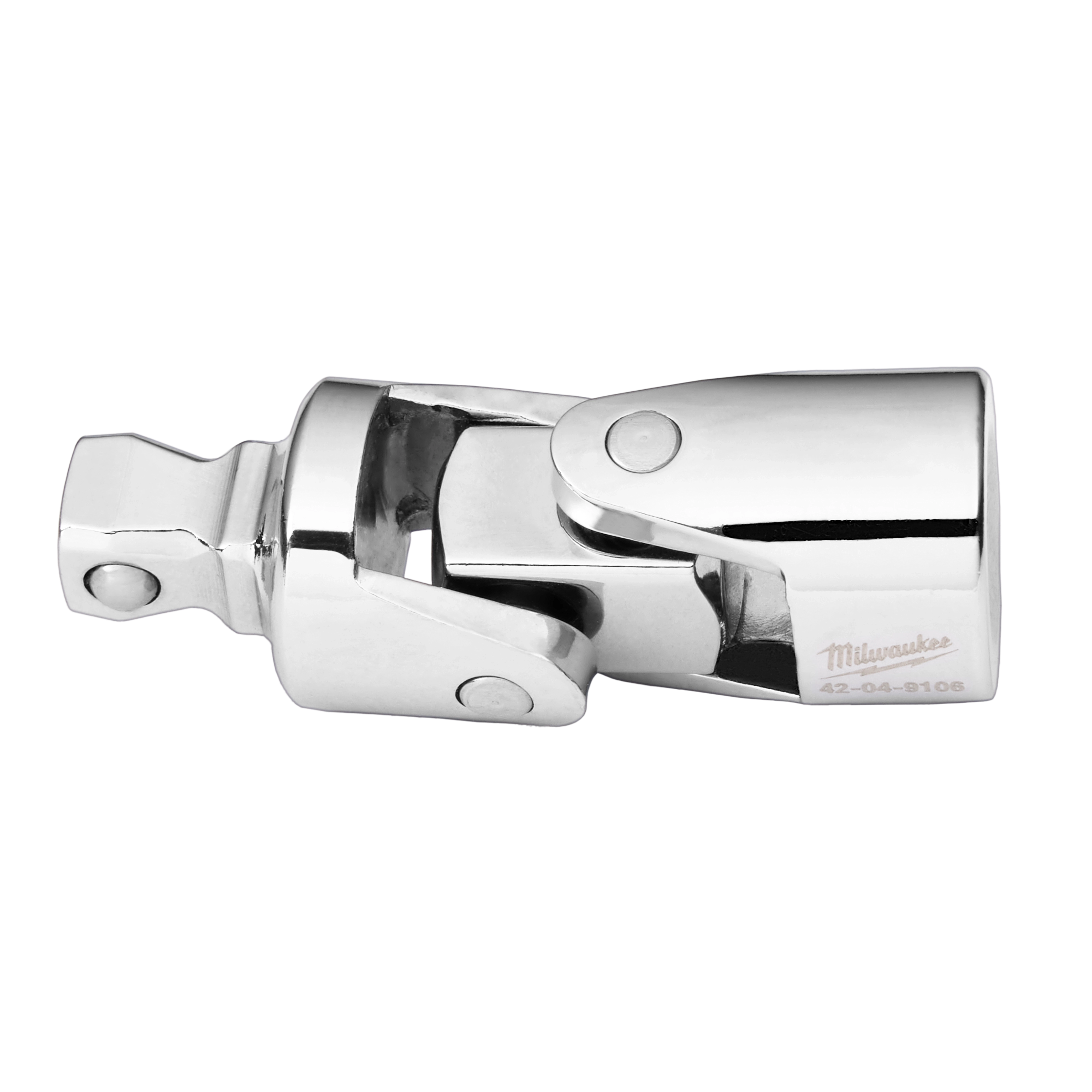 The 1/4" Drive Universal Joint from Milwaukee is a silver, metallic tool attachment designed for flexibility in mechanical tasks. Its swivel head allows for angled access in tight spaces, and it is engraved with the "Milwaukee" brand name and product number 42-04-8106.