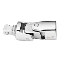 The 1/4" Drive Universal Joint from Milwaukee is a silver, metallic tool attachment designed for flexibility in mechanical tasks. Its swivel head allows for angled access in tight spaces, and it is engraved with the "Milwaukee" brand name and product number 42-04-8106.