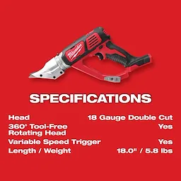 Milwaukee M18 18 Gauge Double Cut Shear with a 360° tool-free rotating head, variable speed trigger, 18.0" length, and 5.8 lbs weight.