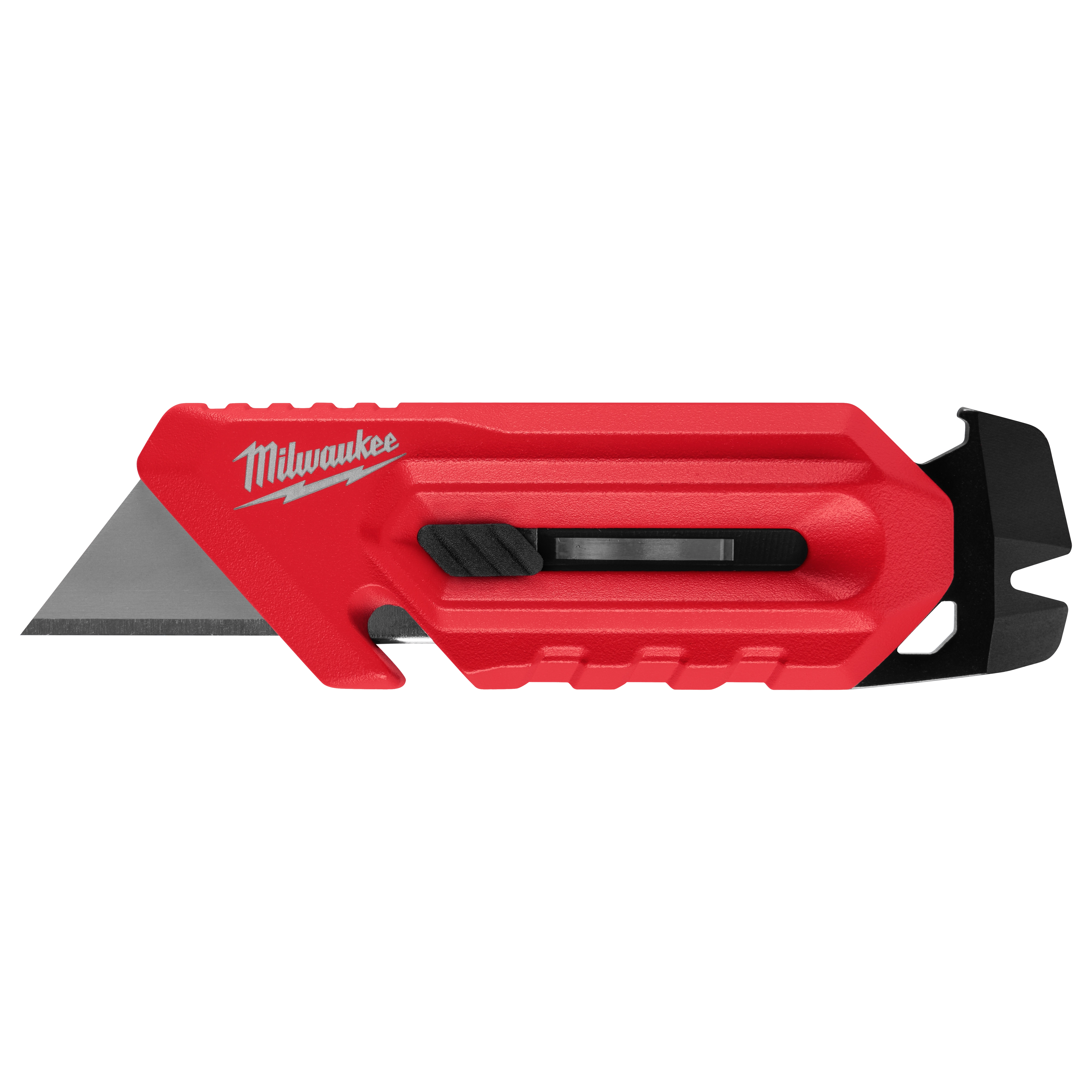 Red, ergonomic Multi-function Compact Utility Knife with a retractable blade and black slider mechanism. The knife includes a bottle opener, wire stripper, and features a distinct logo on its handle.