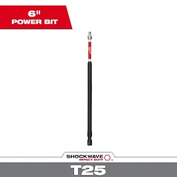 The image shows the SHOCKWAVE™ 6" Power Bit TORX® T25 Power Bit, designed for impact duty. It features a red and black color scheme and is suitable for T25 TORX screws. The image includes text "6" POWER BIT" and "T25" for easy identification.