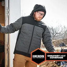 M12 Heated AXIS Jacket in gray and black with a hood, featuring Hexon Heat Technology for the greatest heat coverage.