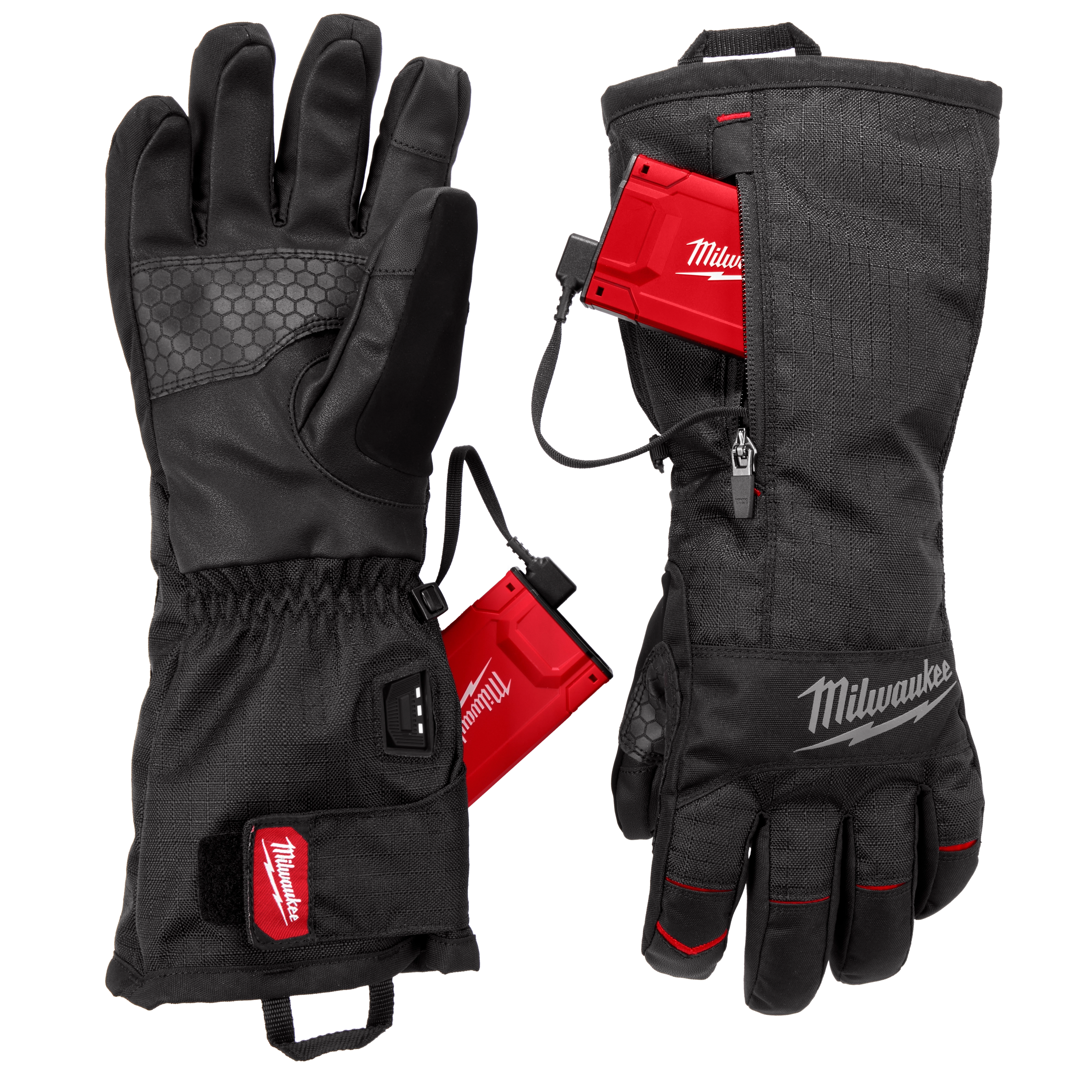 A pair of black Milwaukee heated work gloves with red battery packs attached. The gloves feature a textured grip on the palm, adjustable wrist straps, and the Milwaukee logo on the back. One glove is shown palm up, and the other palm down, highlighting the battery compartments.