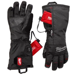 A pair of black Milwaukee heated work gloves with red battery packs attached. The gloves feature a textured grip on the palm, adjustable wrist straps, and the Milwaukee logo on the back. One glove is shown palm up, and the other palm down, highlighting the battery compartments.