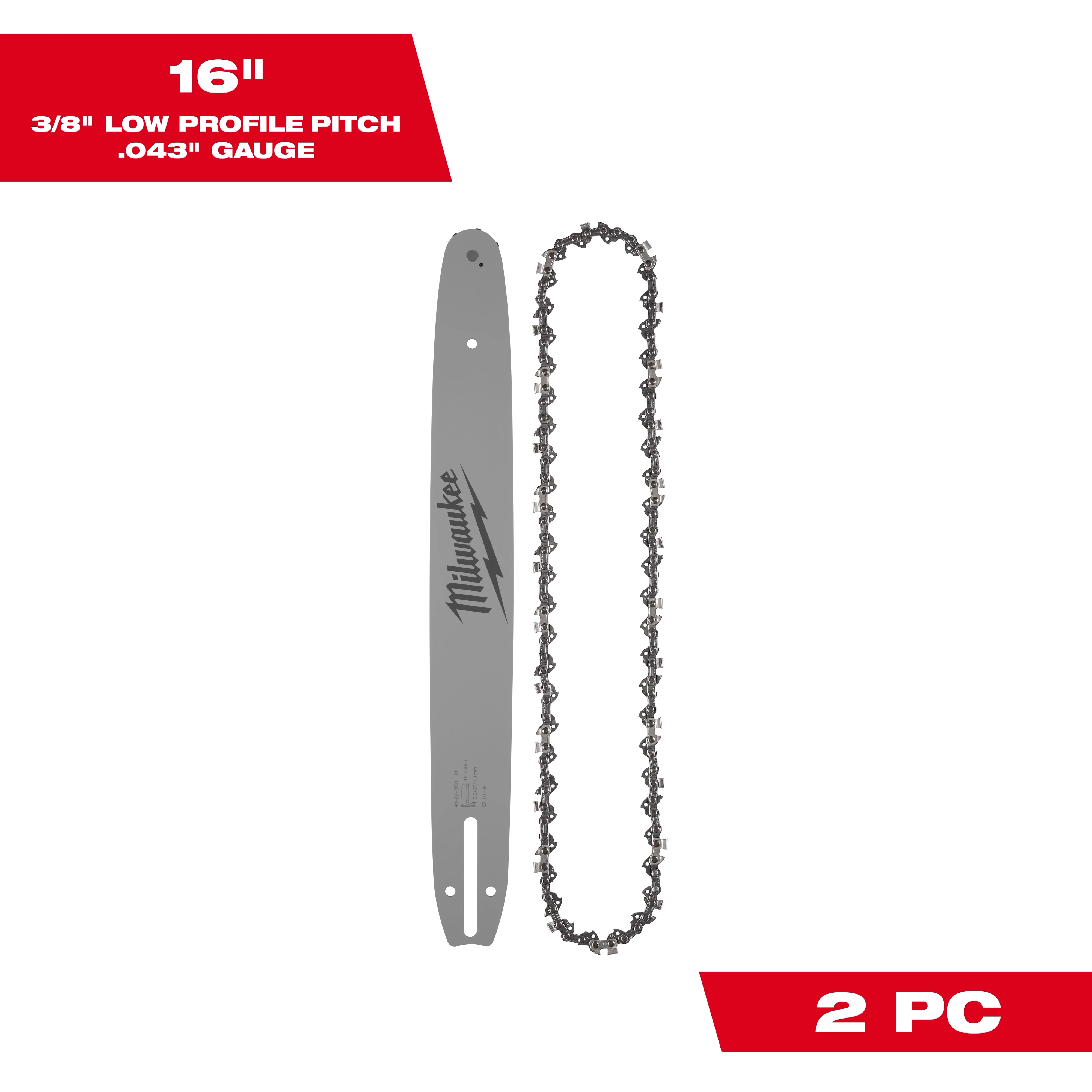 16" 3/8" Low Profile Pitch, .043" Gauge Saw Chain and Guide Bar Set, featuring a guide bar and a saw chain.