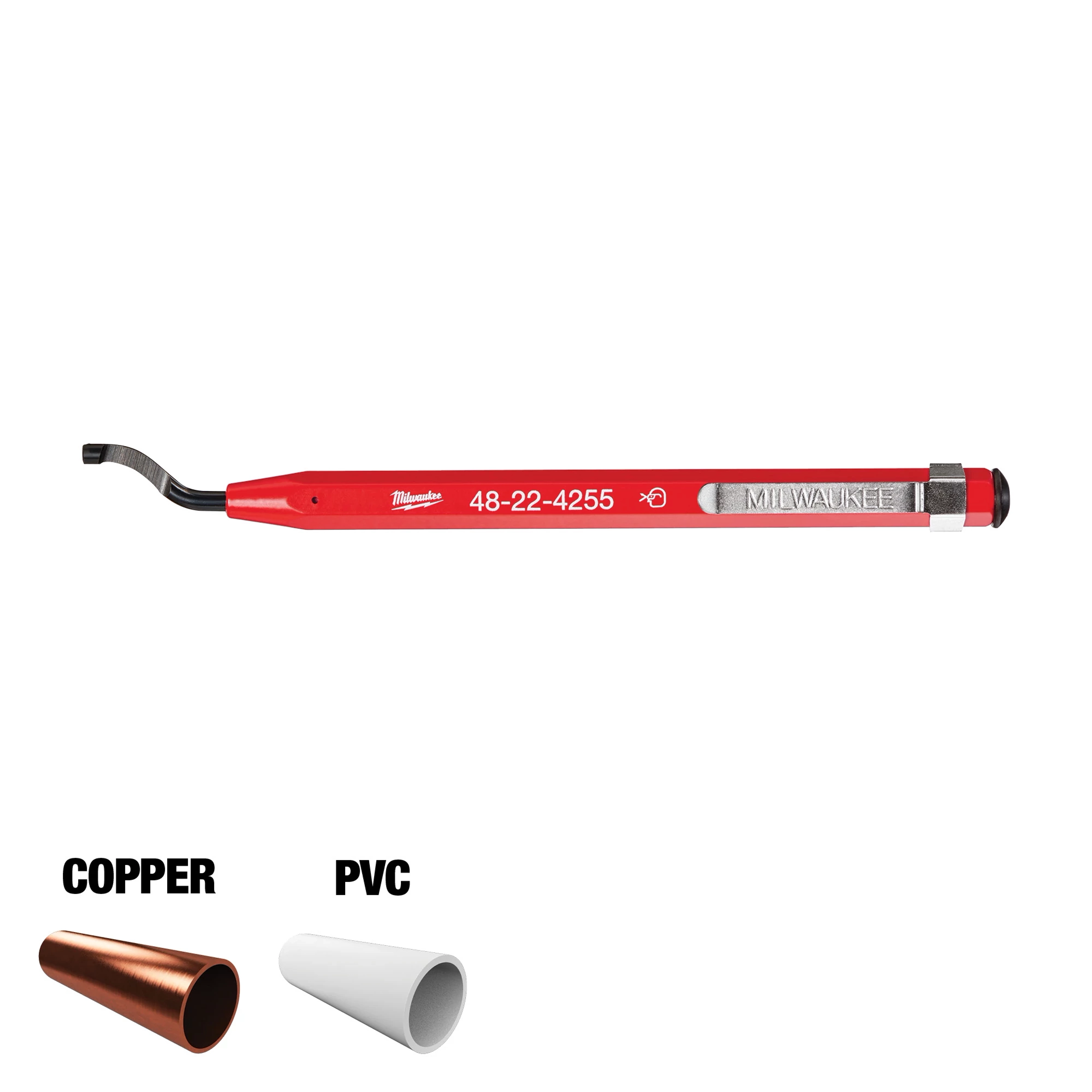The Milwaukee 48-22-4255 Deburring Tool has a red handle with a curved metal tip, designed for smoothing edges on copper and PVC pipes.