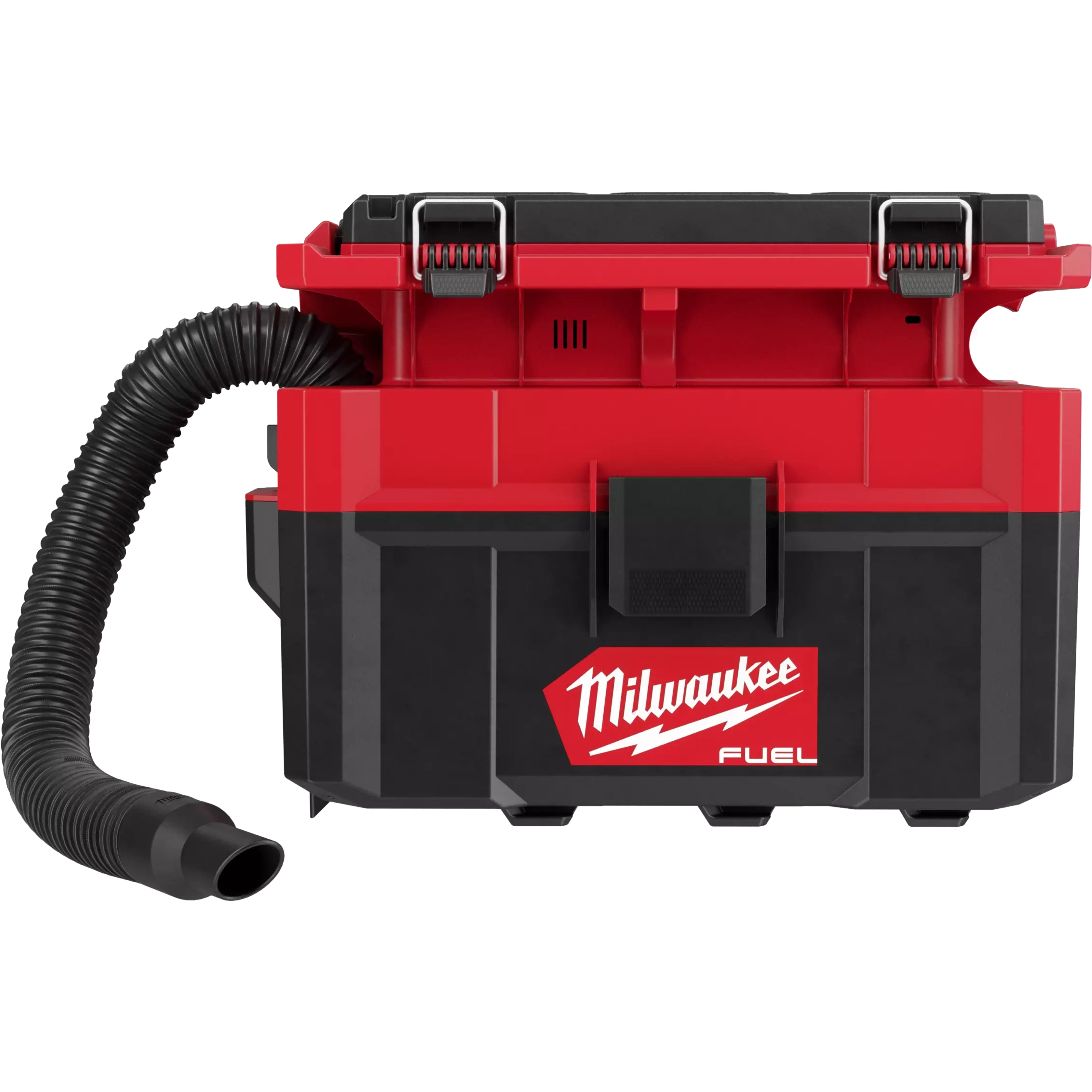 Milwaukee M18 FUEL PACKOUT 2.5 Gallon Wet/Dry Vacuum in red and black with a flexible hose attachment on the side.