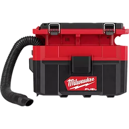 Milwaukee M18 FUEL PACKOUT 2.5 Gallon Wet/Dry Vacuum in red and black with a flexible hose attachment on the side.
