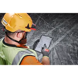 Worker in a yellow hard hat and vest uses a tablet while wearing Cut Level 9 High-Dexterity Nitrile Dipped Gloves - L.